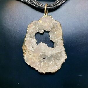 Quartz Geode Stone Pendant Necklace Gold Tone Black Corded Necklace